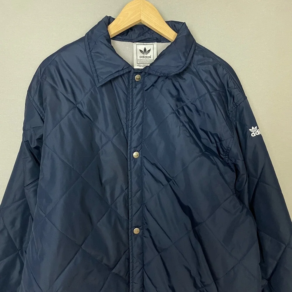 Adidas‎ Quilted Jacket Coach Navy Blue Men Large Snap Front Collar Boxy Fit Coat